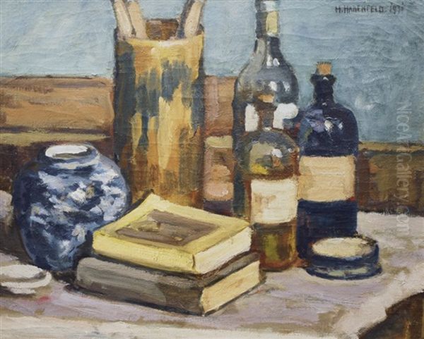 Sill Life With Vase, Bottles And Books Oil Painting by Hinrich Hadenfeld