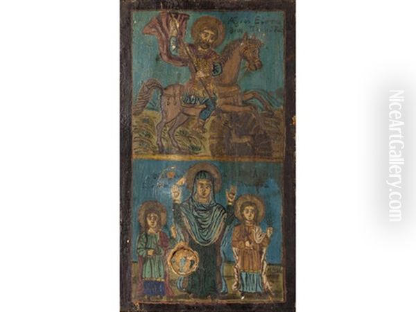 Saint Eustathios And Three Female Saints Oil Painting by Theofilos Hadjimichail