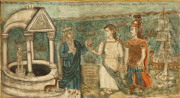 Ulysses Brings Iphigenia, The Daughter Of Agamemnon To The High Priest Kalhas For Her To Be Sacrificed To The God Apollo Oil Painting by Theofilos Hadjimichail