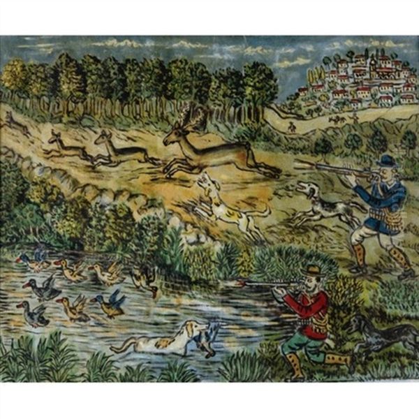 Hunting Scene Oil Painting by Theofilos Hadjimichail