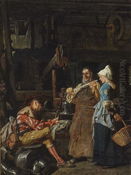 Scene At The Weaponsmith Oil Painting by Carl von Haeberlin