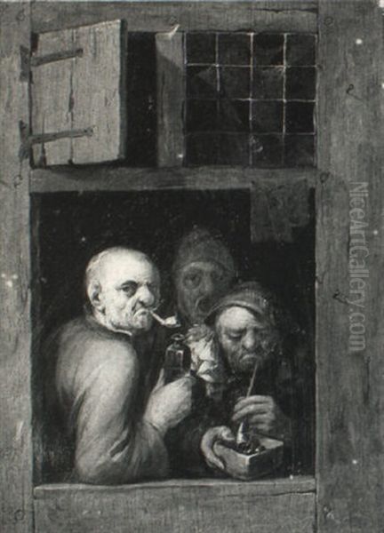 Three Peasants Seen Through A Tavern Door Oil Painting by Nicolas (Walraven) van Haeften