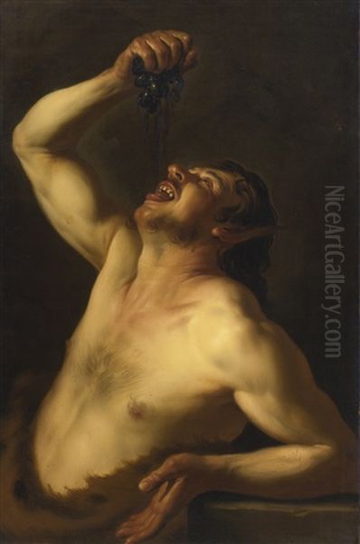 Satyr Drinking From Grapes Oil Painting by David De Haen