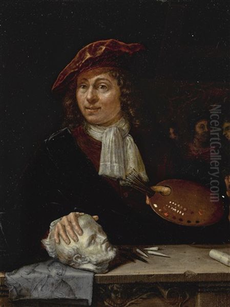 A Portrait Of An Artist Wearing A Red Hat, Half Length, Behind A Ledge Oil Painting by Johan van Haensbergen