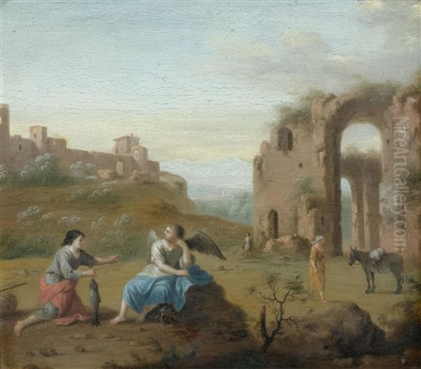 An Arcadian Landscape With Tobias And The Angel Oil Painting by Johan van Haensbergen