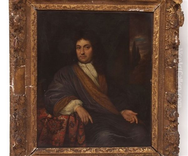 Portrait Of A Gent, Half-length, Seated In Cloak, Resting On Table Oil Painting by Johan van Haensbergen