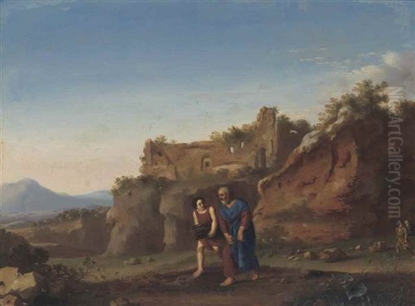 An Italianate Landscape With Abraham And Isaac Oil Painting by Johan van Haensbergen