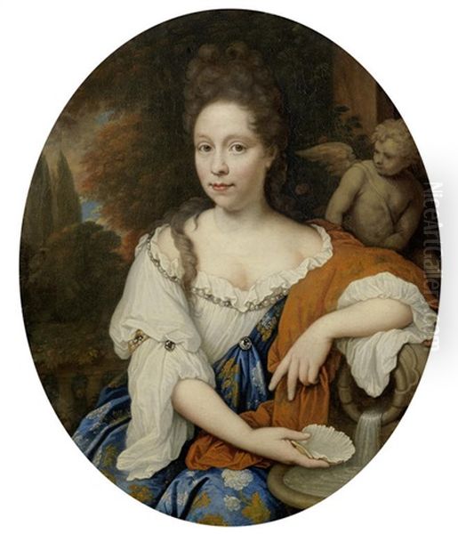 Portrait Of Catharina Margaretha Beck, Three-quarter-length, In A Blue Embroidered Robe And Red Cloak, Before A Fountain Oil Painting by Johan van Haensbergen