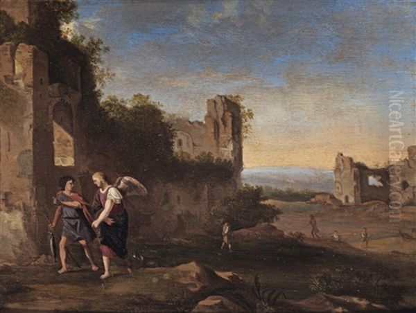 An Italianate Landscape With Tobias And The Angel Oil Painting by Johan van Haensbergen