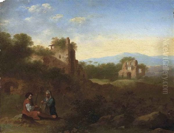 An Italianate Wooded River Landscape With A Shepherd And Shepherdess At Rest, Classical Ruins Beyond Oil Painting by Johan van Haensbergen