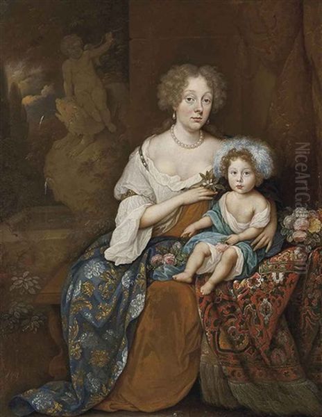 Portrait Of A Lady, Seated In A Brown And White Dress And An Embroidered Cloak, An Orange Blossom In Her Right Hand, With A Child Seated A Fountain Beyond Oil Painting by Johan van Haensbergen