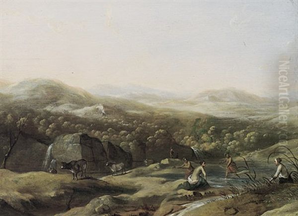 Sommerliche Hugellandschaft Mit Badenden Frauen In Einem Teich Oil Painting by Johan van Haensbergen