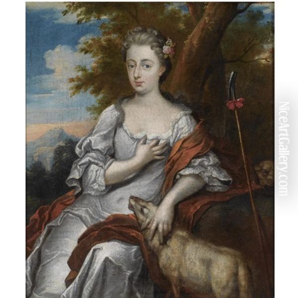 Portrait Of A Young Lady As A Shepherdess, Seated Three-quarter-length, Wearing A White Dress, A Lamb And Staff By Her Side Oil Painting by Johan van Haensbergen