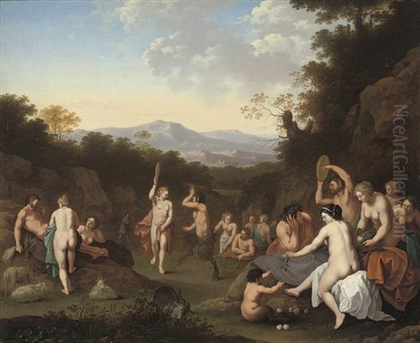 A Bacchanal With Nymphs And Satyrs Dancing And Making Music In A Wooded Landscape Oil Painting by Johan van Haensbergen