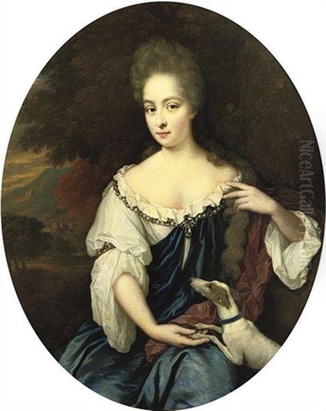 Portrait Of A Lady, In A Blue Dress With A White Chemise And A Crimson Wrap With A Dog By Her Side Oil Painting by Johan van Haensbergen