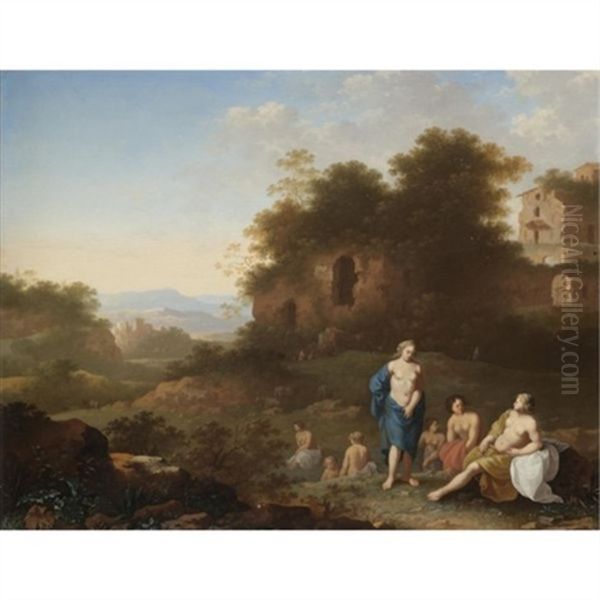 Diana And Her Nymphs Resting In An Italianate Landscape Oil Painting by Johan van Haensbergen