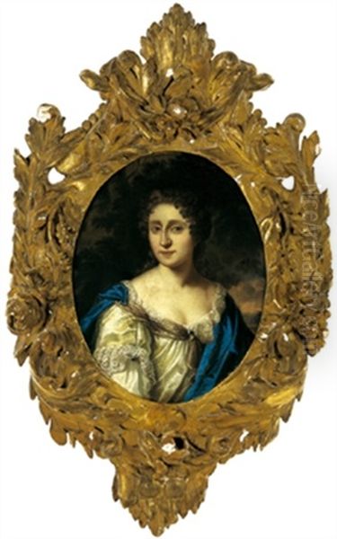 Bildnis Einer Dame In Weisem Satinkleid Und Blauem Mantel Oil Painting by Johan van Haensbergen