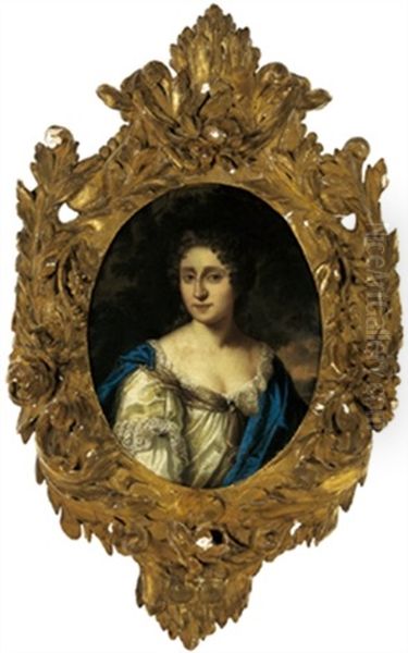 Bildnis Einer Dame In Weisem Satinkleid Und Blauem Mantel Oil Painting by Johan van Haensbergen