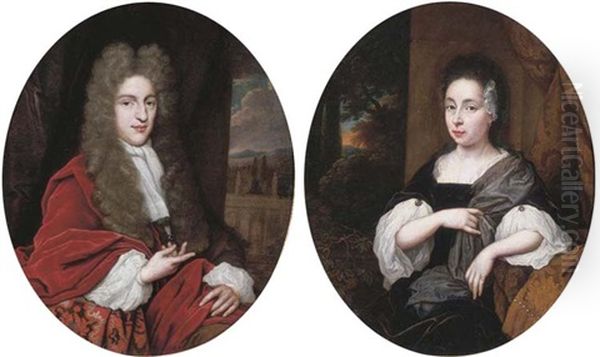 Portrait Of A Gentleman, Half-length, In A White Chemise And Red Cape, A Park Beyond (+ Portrait Of A Lady, Half-length, In A Black Dress And Grey Shawl, Before A Curtain; Pair) Oil Painting by Johan van Haensbergen