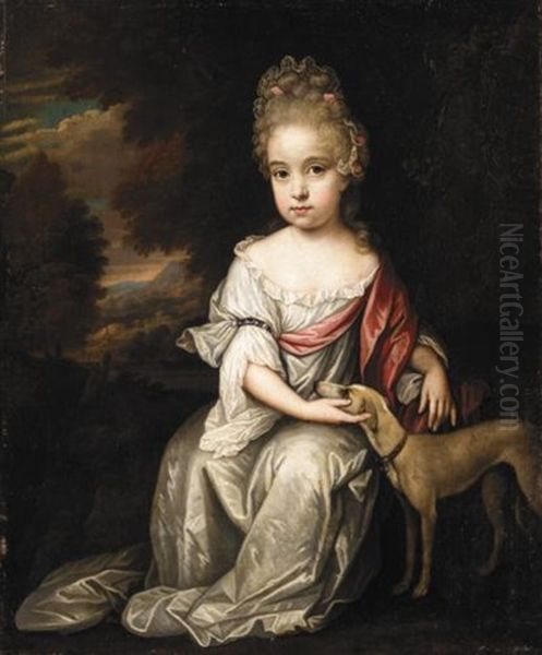 Portrait Of A Young Girl, Full Length, Wearing White, With A Dog Oil Painting by Johan van Haensbergen