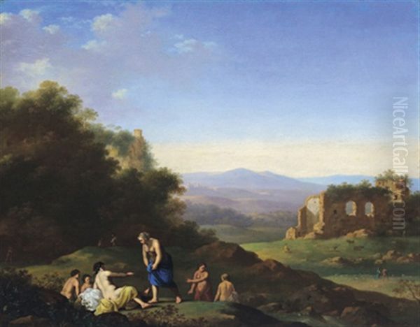 Badende Nymphen In Einer Landschaft Mit Ruinen Oil Painting by Johan van Haensbergen