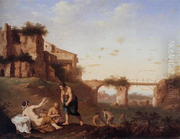 An Italianate Landscape With Nymphs Bathing Oil Painting by Johan van Haensbergen