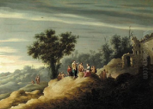 Nymphs By Classical Ruins In A Landscape Oil Painting by Johan van Haensbergen