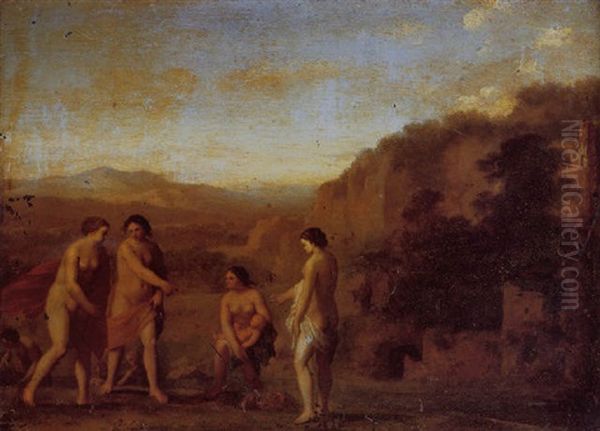 A Classical Landscape With Nymphs Discovering An Infant Oil Painting by Johan van Haensbergen