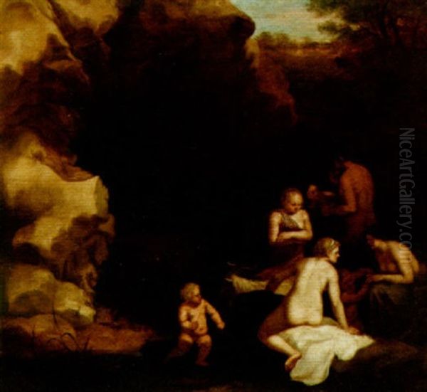 Nymphs, Putti And Satyr With Cattle Near The Entrance Of A Grotto Oil Painting by Johan van Haensbergen