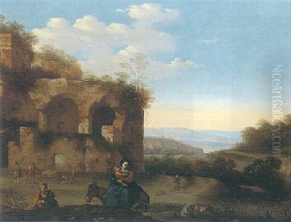 An Italianate Landscape With Ruins And The Flight Into Egypt by Johan van Haensbergen