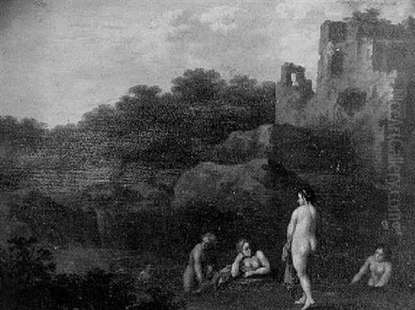 Nymphe Au Bain Dans Un Paysage De Ruines Dans La Campagne Romaine Oil Painting by Johan van Haensbergen