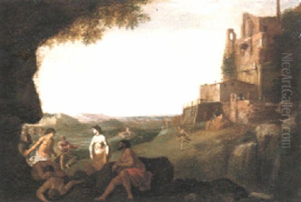 Classical Figures Amid Roman Ruins With An Italianate Landscape Beyond Oil Painting by Johan van Haensbergen