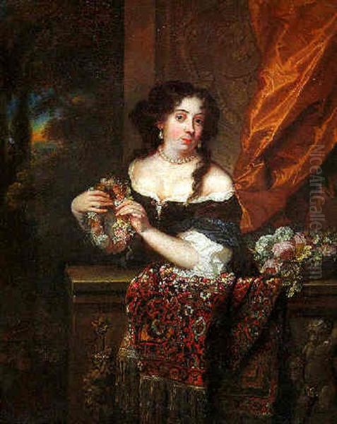 Portrait Of A Lady, Standing By A Curtain Behind A Draped Balustrade, Wearing Brown Dress With White Chemise Oil Painting by Johan van Haensbergen