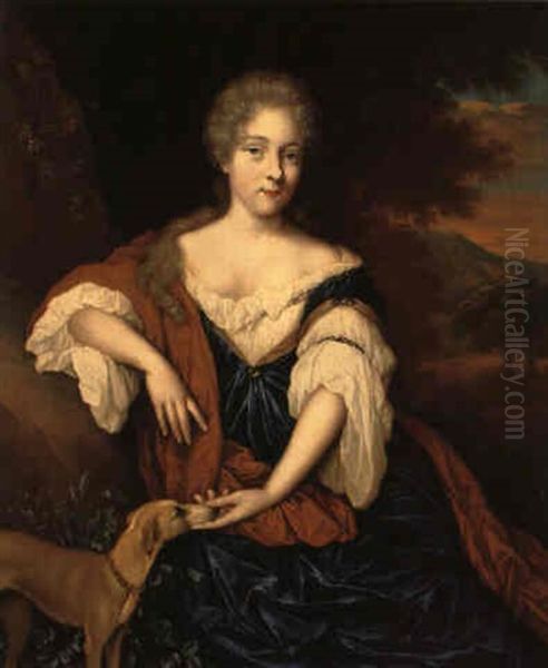 Portrait Of A Noblewomenin Blue Silk Dress With Ochre Wrap Oil Painting by Johan van Haensbergen