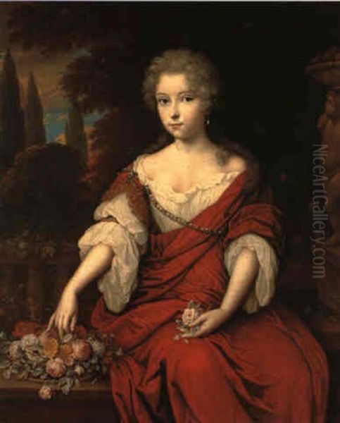 Portrait Of A Noblewoman Wearing A Red Silk Dress Seated By A Fountain Oil Painting by Johan van Haensbergen