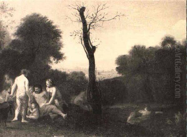 Classical Landscape With Nymphs And Satyrs Bathing Oil Painting by Johan van Haensbergen