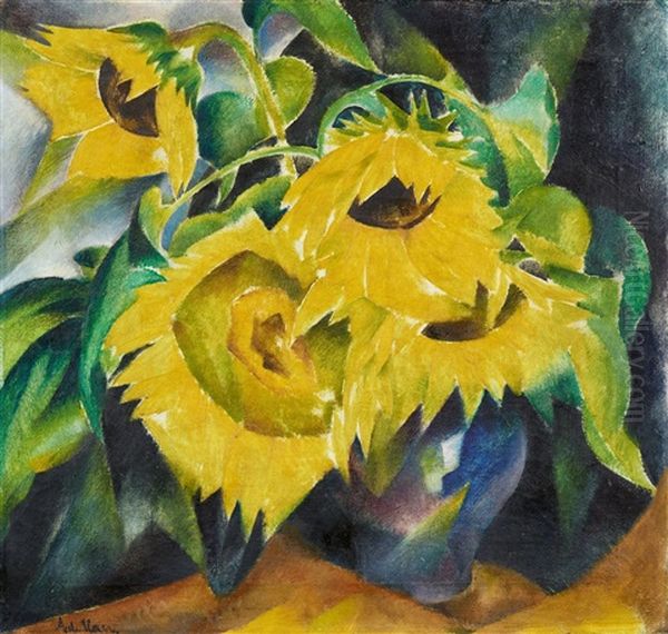 Sonnenblumen In Blauer Vase Oil Painting by Adolf De Haer