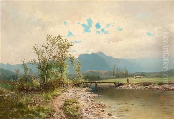 River Landscape With Figure On A Bridge Oil Painting by Carlos de Haes