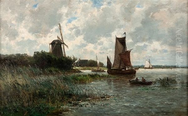 Paisaje Holandes Con Barcos Y Molino Haes Oil Painting by Carlos de Haes