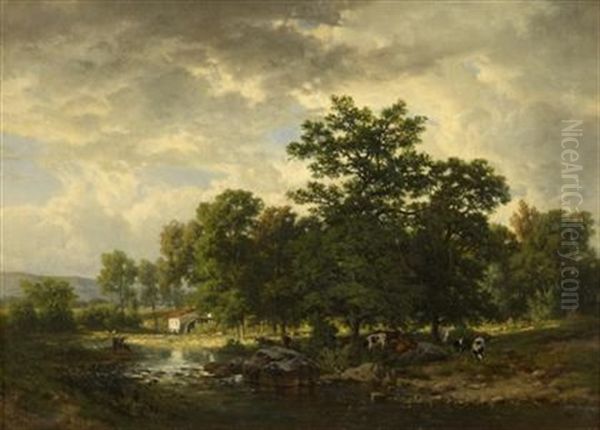 Figures And Watering Cattle Along A Stream Bank Oil Painting by Carlos de Haes