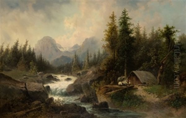 Paisaje Boscoso De Alta Montana Con Rio Y Cabana Oil Painting by Carlos de Haes