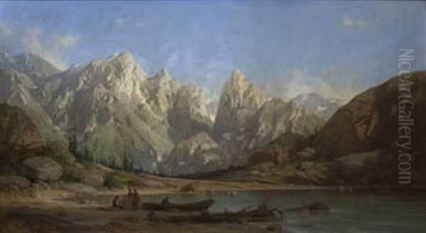 Paisaje De Alta Montana Con Pescadores Oil Painting by Carlos de Haes