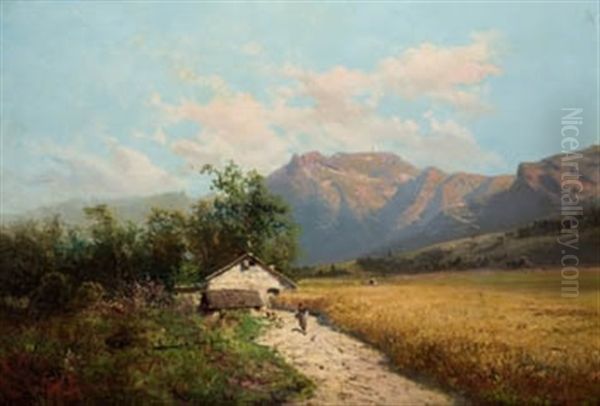 Paisaje Montanoso, Casa Y Campo De Cereales Oil Painting by Carlos de Haes