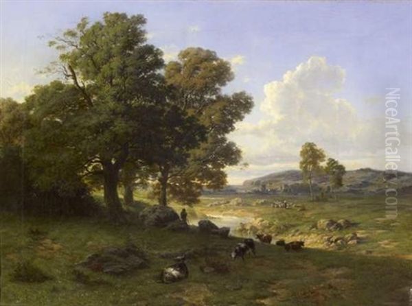 Paysage De Campagne A La Riviere Avec Un Patre Et Son Troupeau Oil Painting by Carlos de Haes