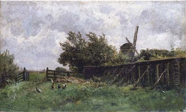 Paisaje Holandes Con Gallinas Y Un Molino Al Fondo Oil Painting by Carlos de Haes