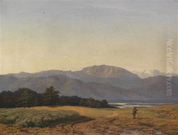 Voralpenlandschaft Mit Hirte Und Schafsherde by Johann Georg Haeselich