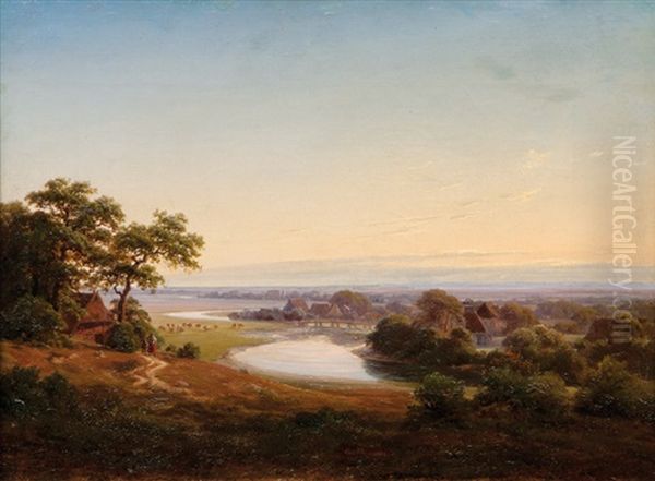 Evening Mood By The River Oil Painting by Johann Georg Haeselich