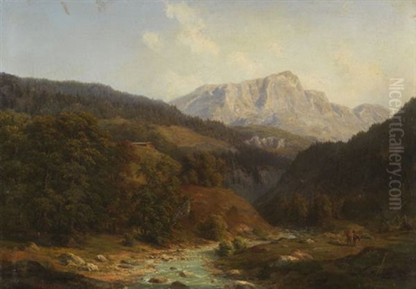 Weites Alpental Oil Painting by Johann Georg Haeselich