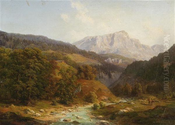 Weites Alpental Oil Painting by Johann Georg Haeselich