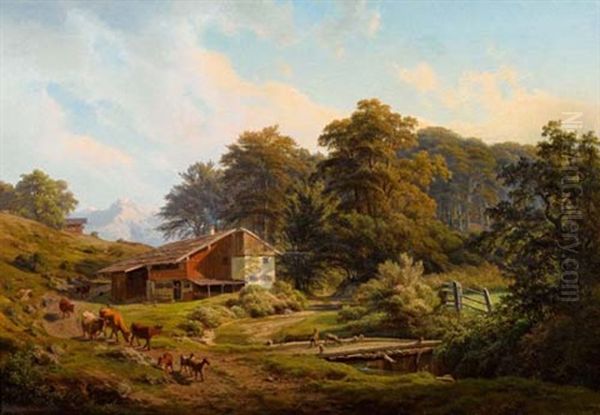 Voralpenlandschaft Mit Gehoft Oil Painting by Johann Georg Haeselich